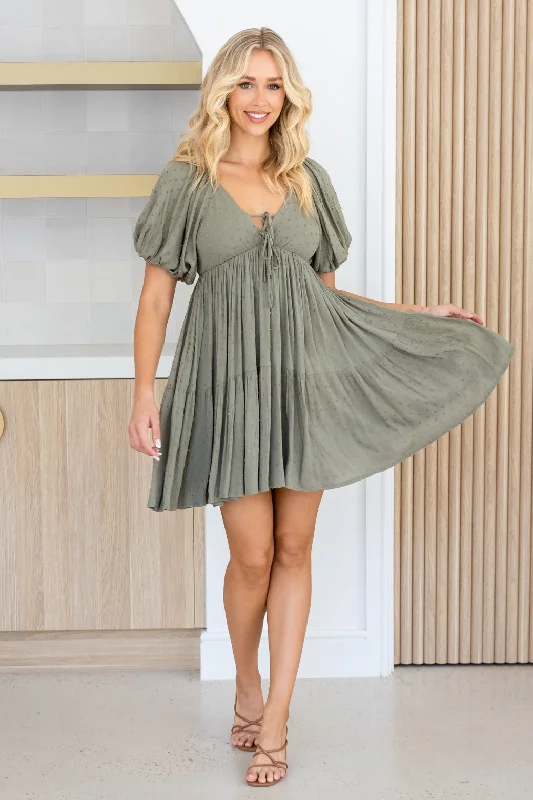 Felicity Puff Sleeve Dress Olive Dobby