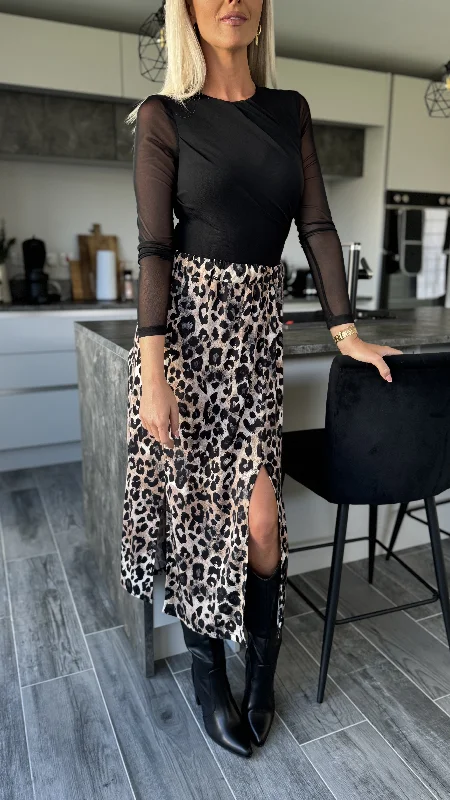 Coralena Beige & Black Leopard Print Midi Skirt