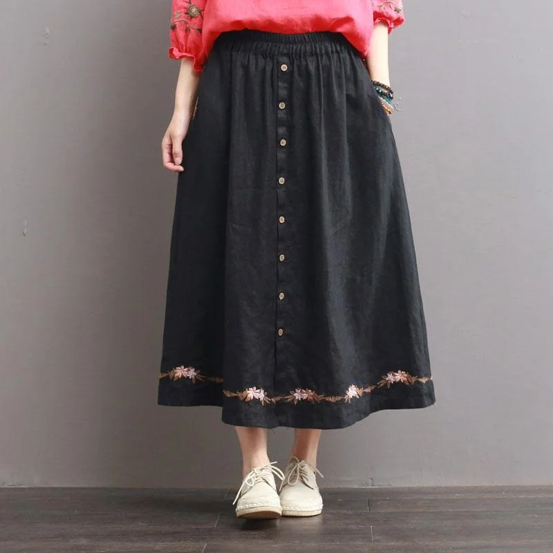 2017 black  casual embroidery skirt cotton linen a line skirts elastic waist women skirts