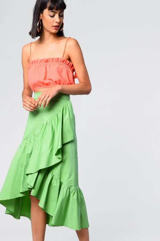 Apple Green Ruffle Detail Midi Skirt