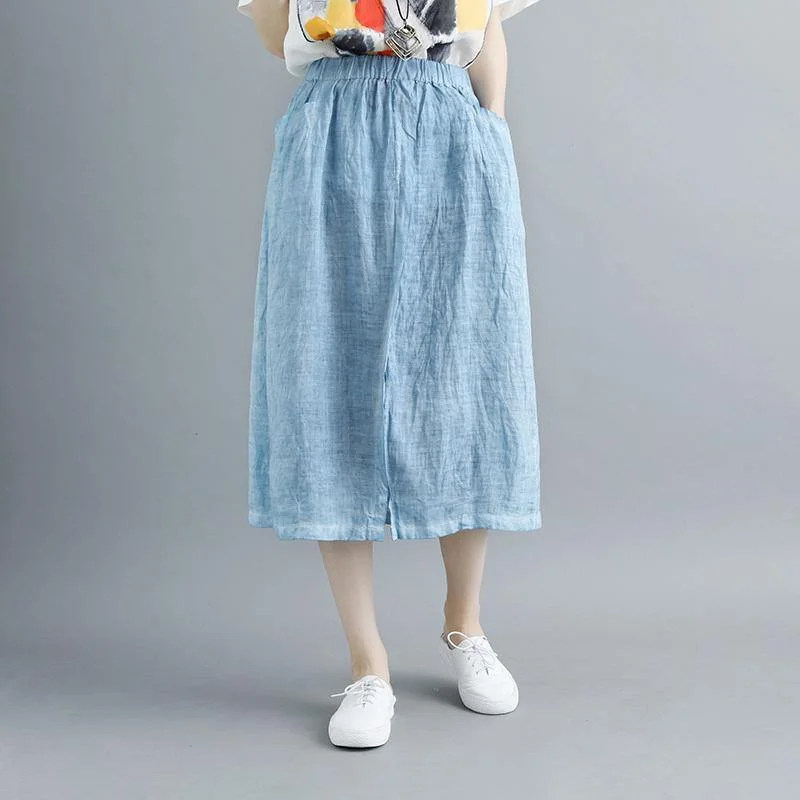 stylish linen knee skirt plus size Casual Slit Literary Pockets Long Blue Skirt