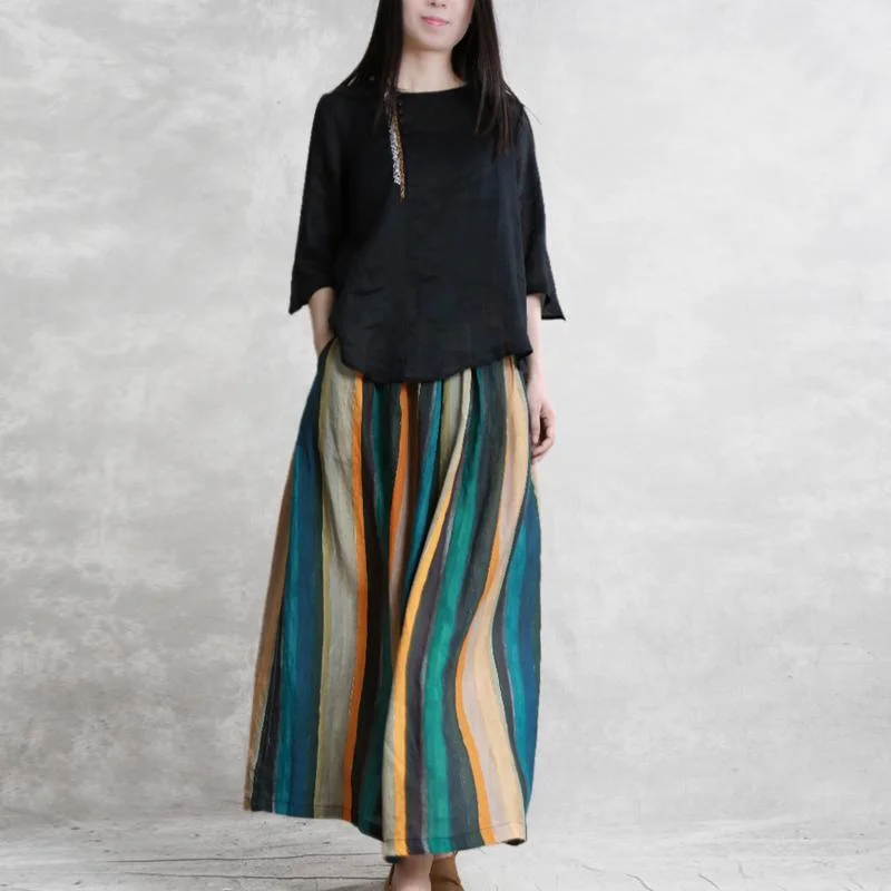 Women elastic waist pockets linen Runway multicolor striped skirt summer