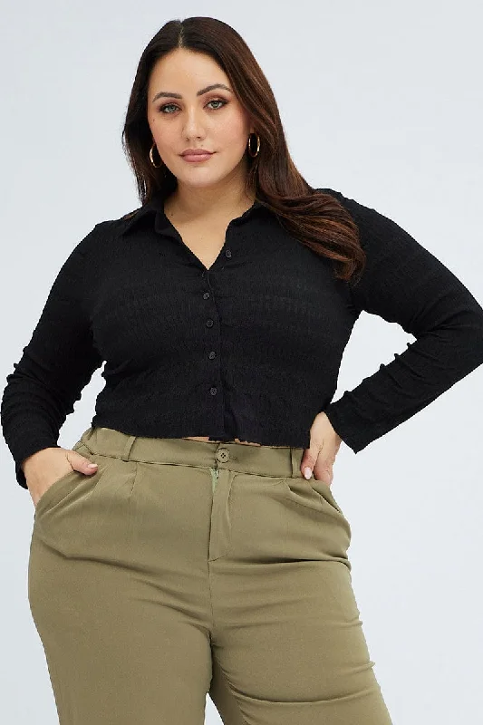 Black Collar Top Long Sleeve Textured