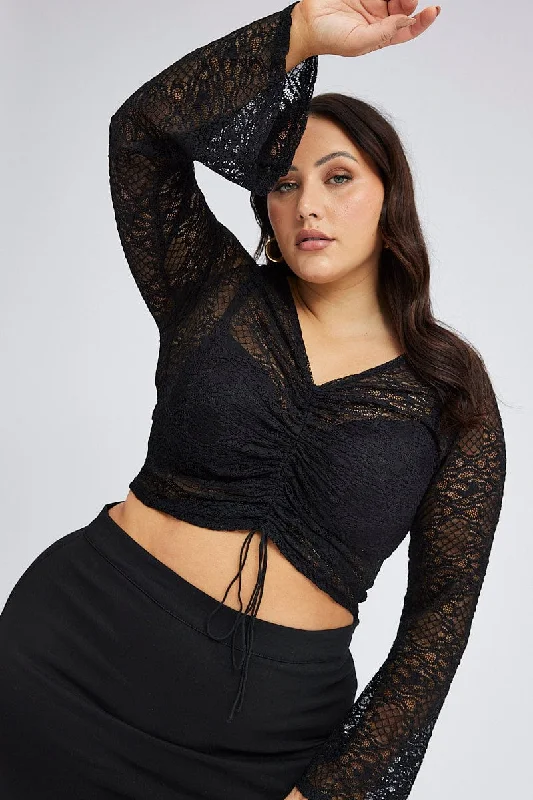 Black Lace Top Long Sleeve Ruched Tie