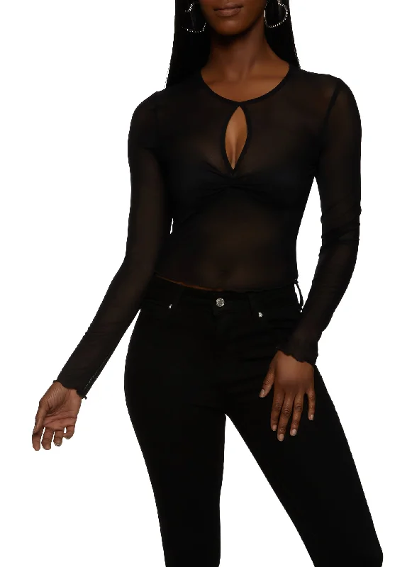 Mesh Keyhole Long Sleeve Crop Top