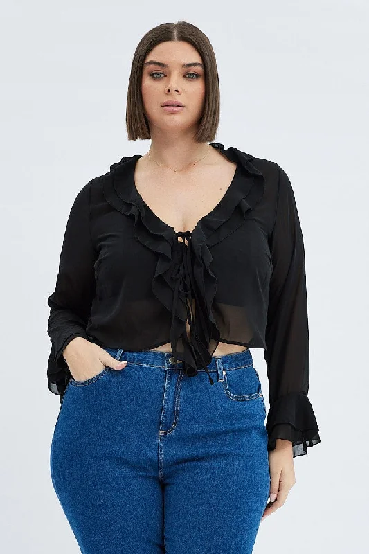 Black Ruffle Top Long Sleeve Chiffon