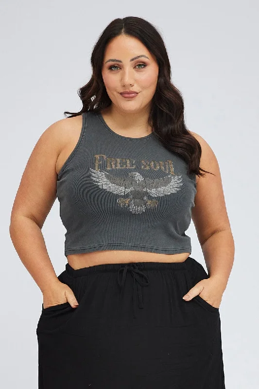 Black Tank Top Ribbed Racer Free Soul Graphic