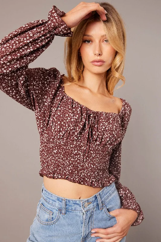 Brown Ditsy Crop Top Long Sleeve Shirred Waist