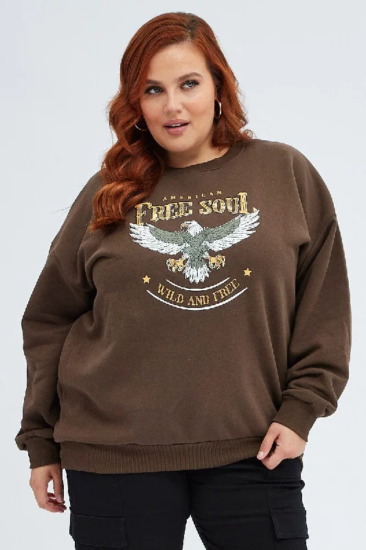 Brown Oversized Sweater Free Soul Graphic Long Sleeve