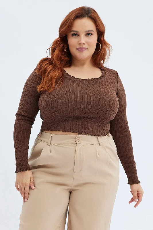 Brown Top Long Sleeve Scoop Neck