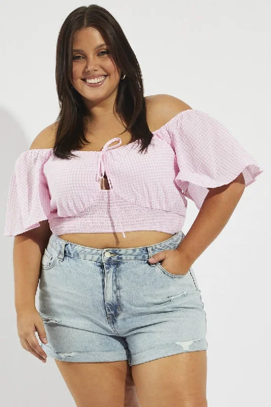 Pink Check Crop Top Short Sleeve Cut Out