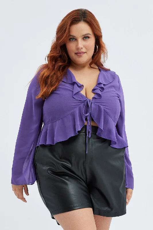 Purple Ruffle Top Long Sleeve Chiffon