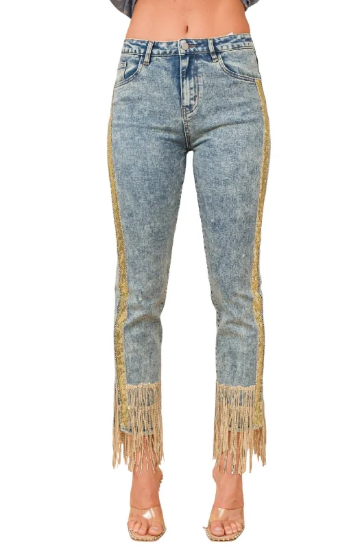 Sequin Striped Fringe Denim Jeans In Medium Wash