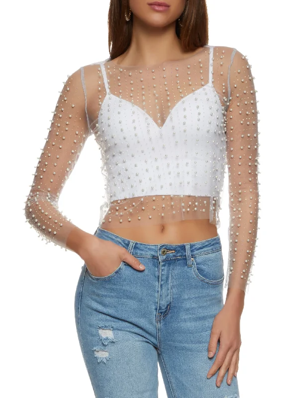 Mesh Faux Pearl Rhinestone Long Sleeve Top