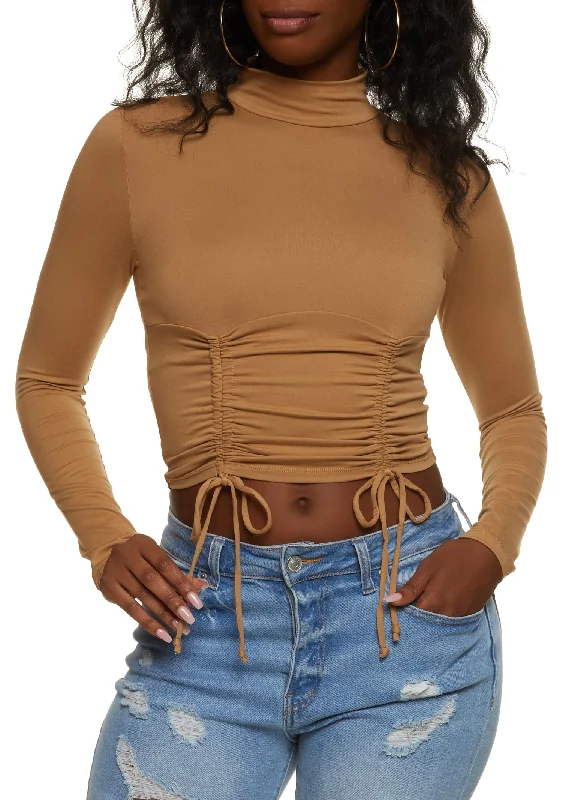 Mock Neck Ruched Long Sleeve Crop Top