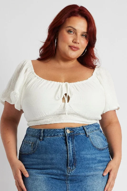 White Crop Top Short Sleeve Cut Out