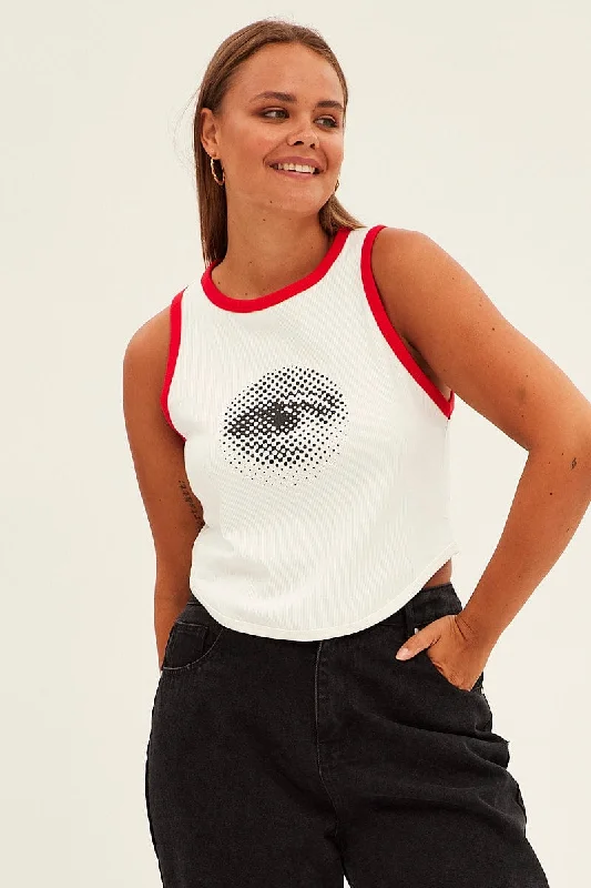 White Rib Tank Racer Back Eye Print