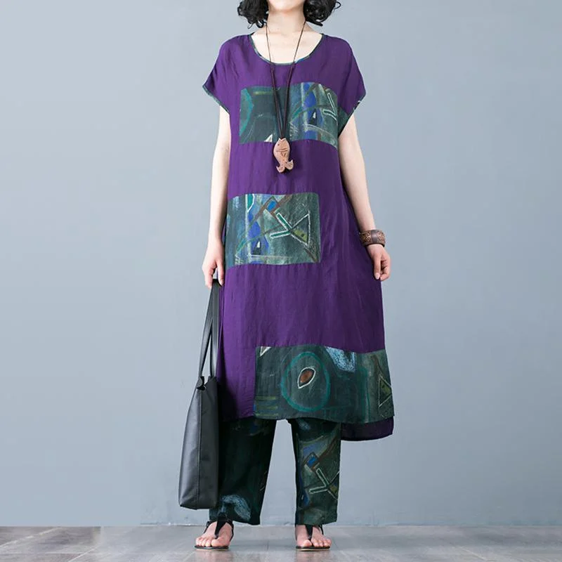 Women Purple linen clothes For Cotton Linen Spliced Blouse And Harem Pants