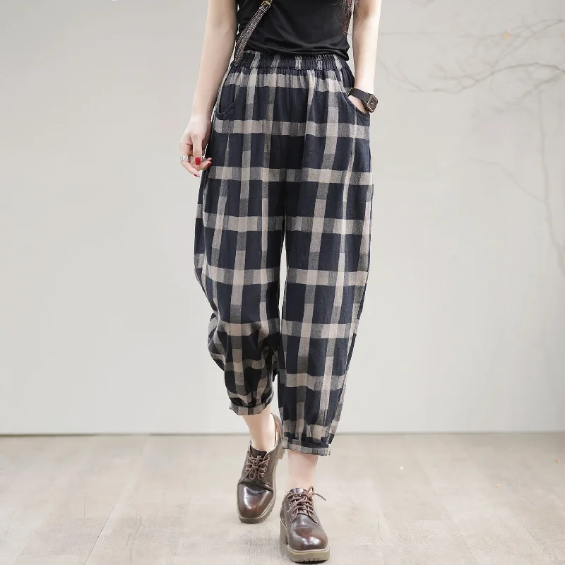 Women Spring Casual Loose Cotton Plaid Harem Pants