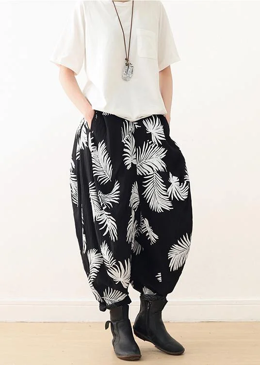 Women White Print Elastic Waist Cotton Pants