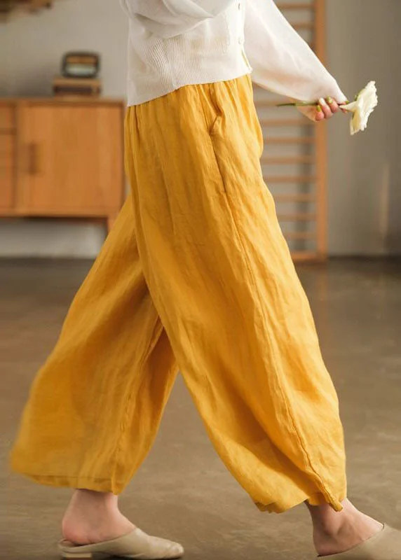 Women Yellow Elastic Waist Oversized Linen Crop Pants Wide Leg Pants Summer