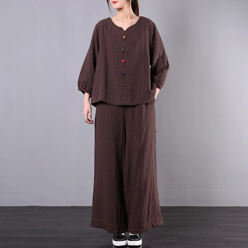 Women's early 2020 new large size chocolate striped cotton and linen was thin wide-leg pants two-piec