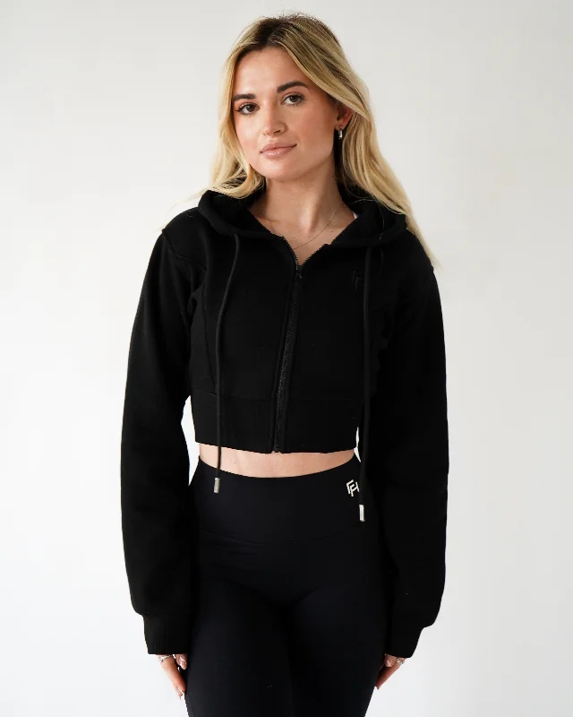 Lounge Cropped Zip-Up Hoodie - Black