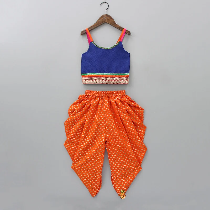 Dark Blue Top And Orange Dhoti