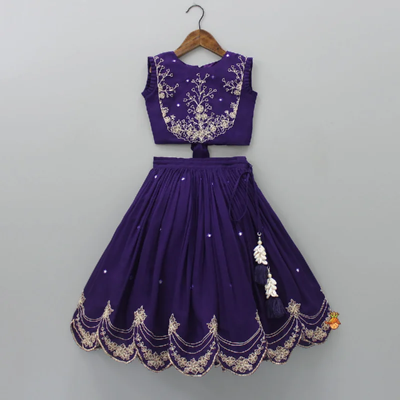 Dual Back Knot Detail Purple Top And Tassels Enhanced Lehenga