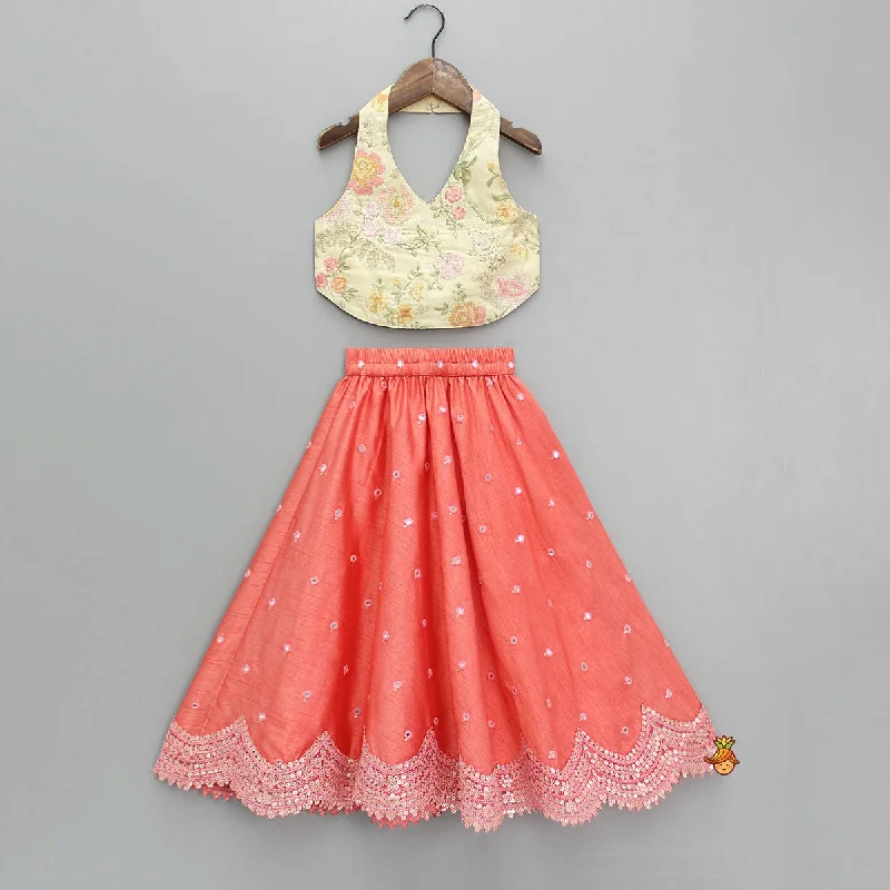 Floral Thread Embroidered Halter Neck Top And Peach Lehenga