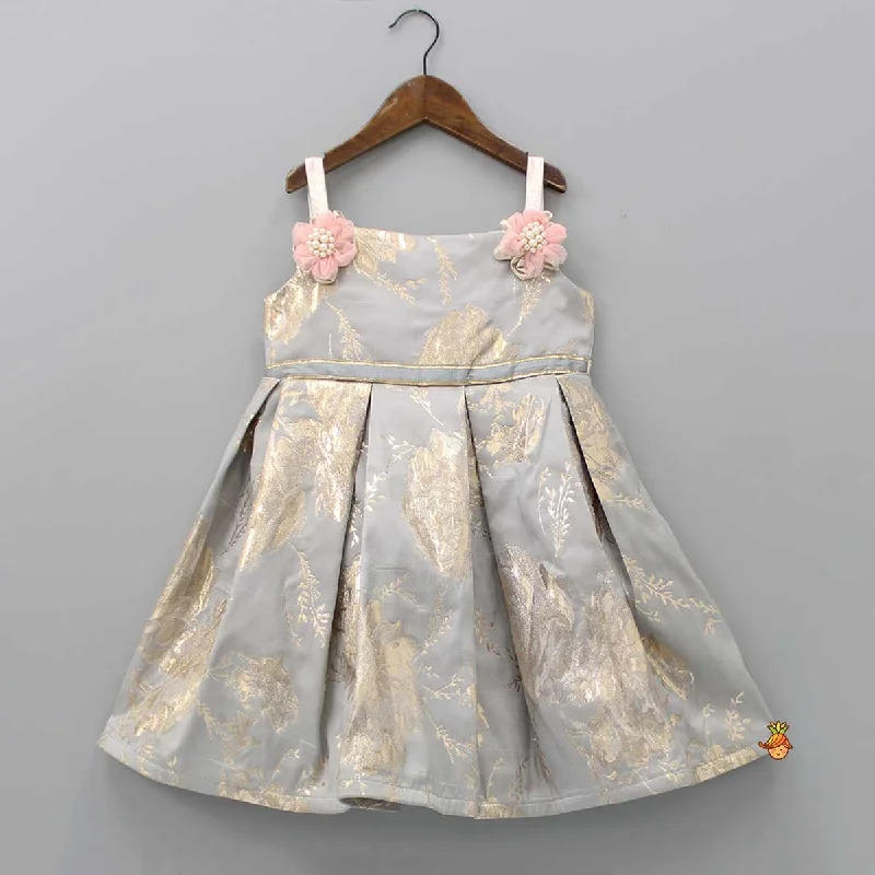 Grey Brocade Box Pleated Dress