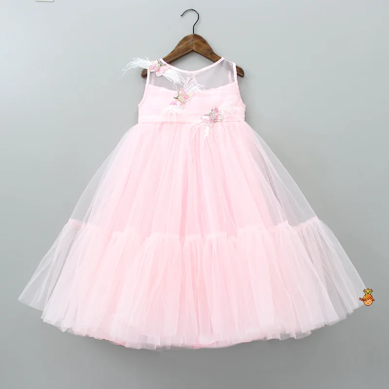 Handmade Butterfly Embroidered Ruffle Pink Net Gown