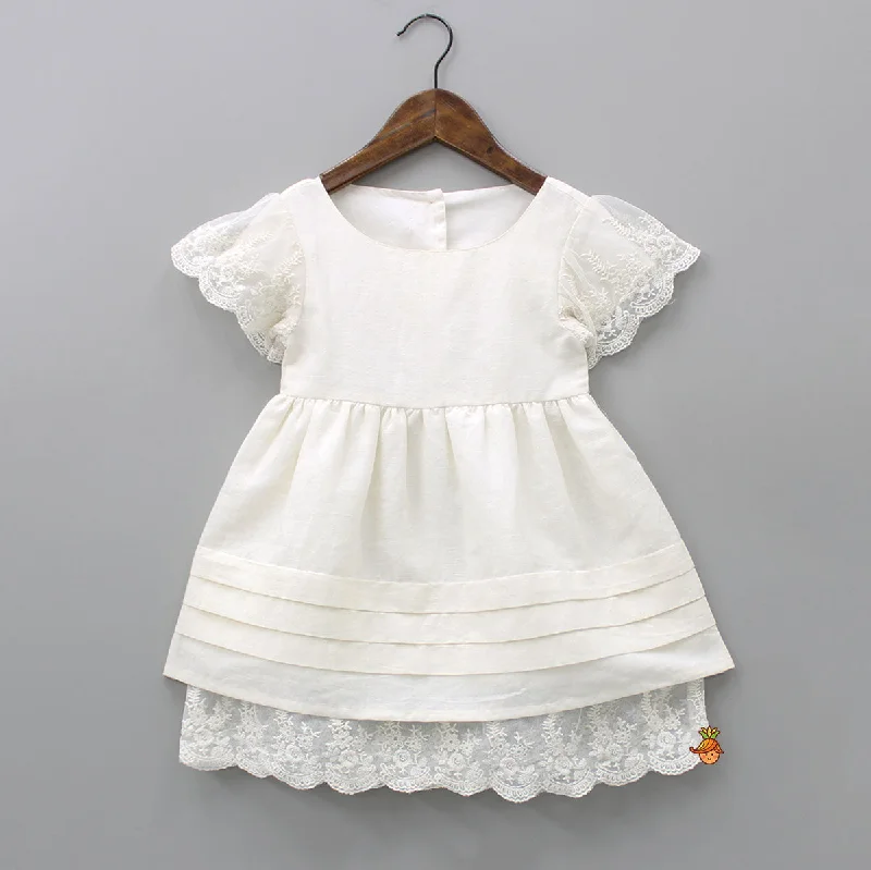 Lace Detail Off White Cotton Linen Dress