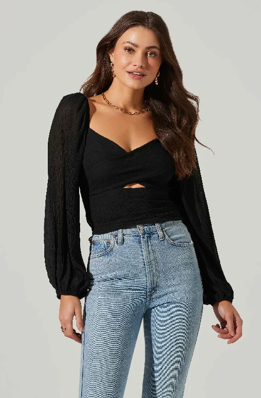 Long Sleeve Plisse Cross Bust Top