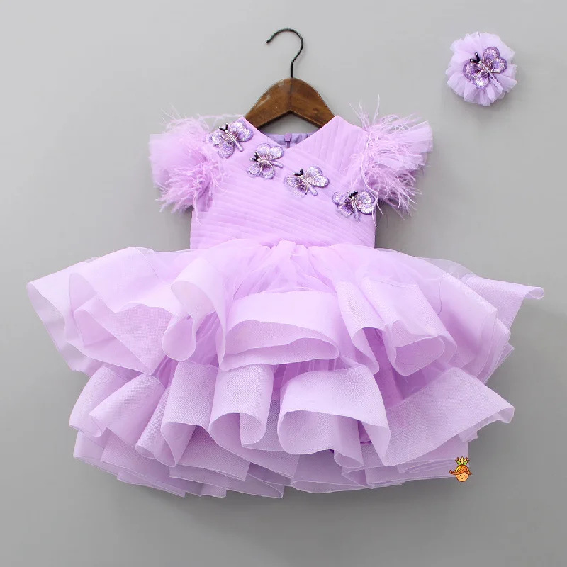 Lovely Butterfly Purple Net Ruffled Dress With Matching Hair Clip