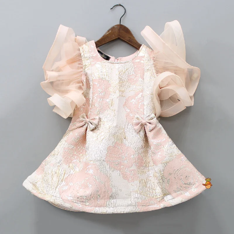 Peach Zari Brocade Ruffle Sleeves Dress