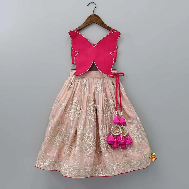 Pink Butterfly Top And Floral Embroidered Lehenga