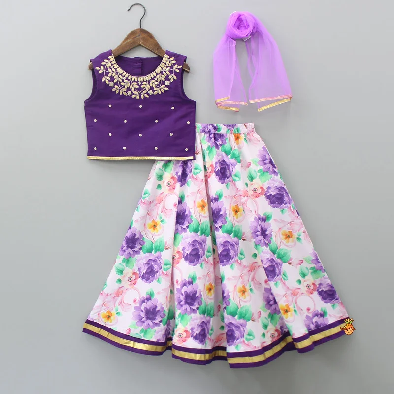 Purple Gota Lace Embroidered Top With Floral Printed Lehenga And Dupatta