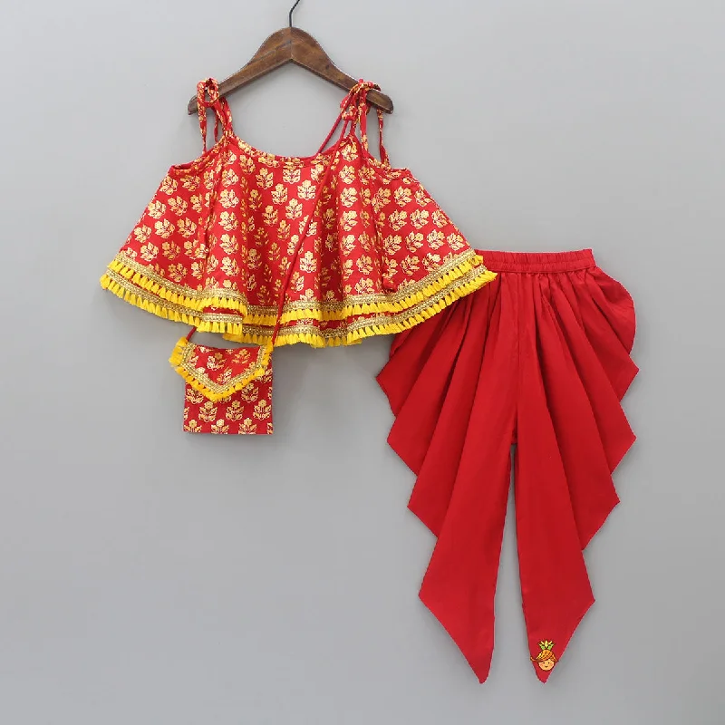 Scarlet Red Foil And Floral Printed Lace Work Top And Dhoti With Matching Sling Bag