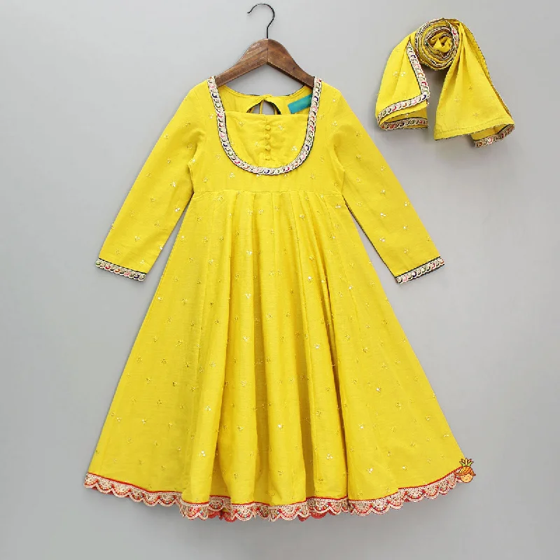 Sequin Detail Yellow Kurti With Matching Dupatta