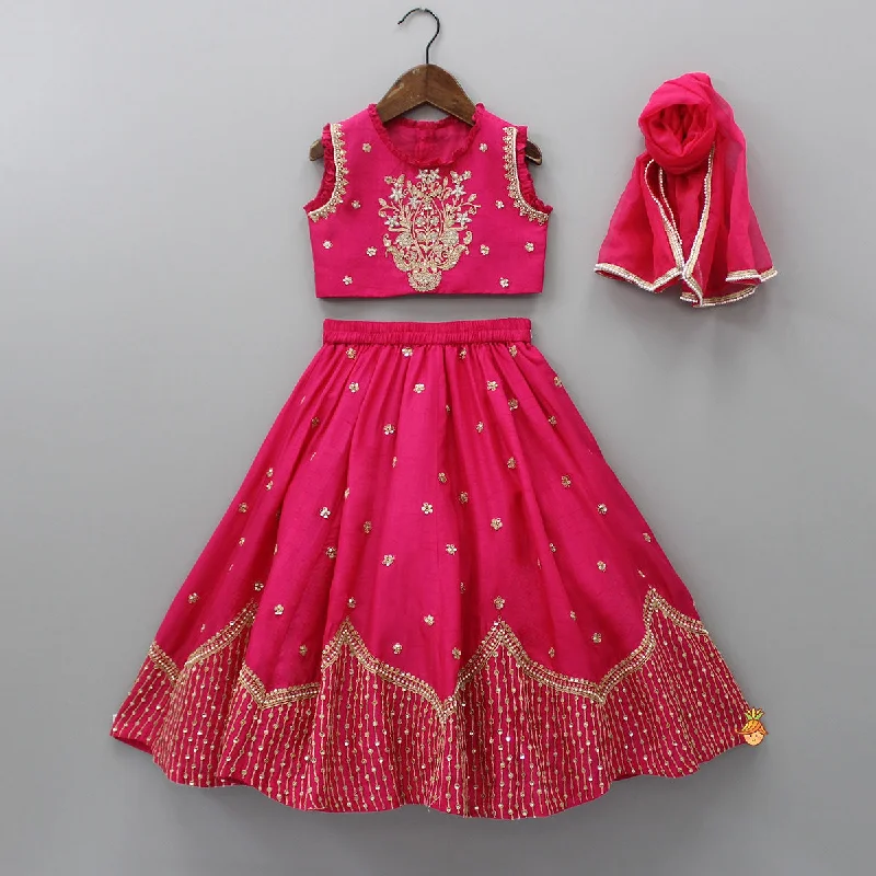 Sequin Embroidered Pink Top And Lehenga With Matching Net Dupatta