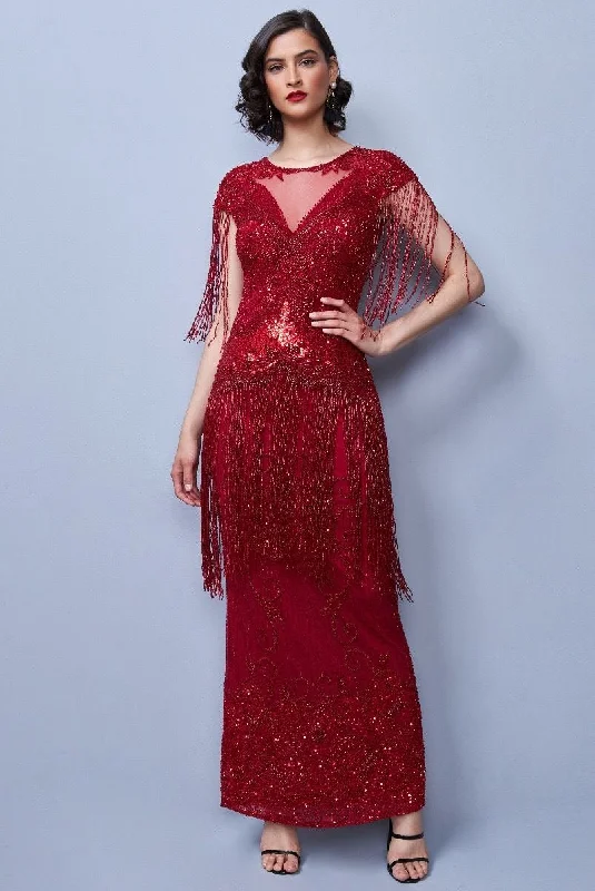 Ethel 1920s Evening Maxi Fringe Gown in Red