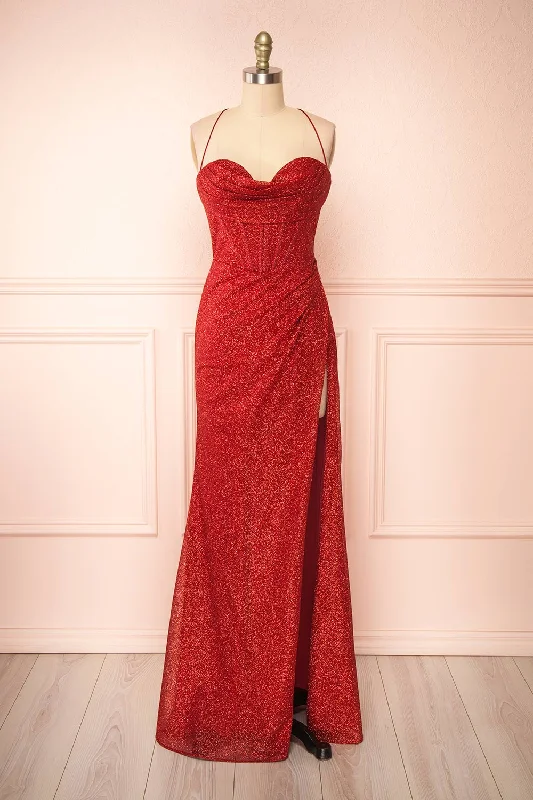 Frosti Red | Sparkly Cowl Neck Maxi Dress