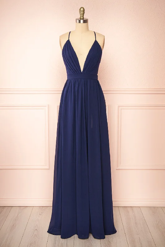 Haley Navy | Deep V-Neck Chiffon Maxi Dress