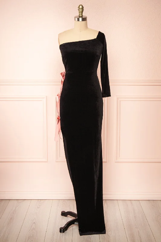 Maelise | Black Velvet Maxi Dress w/ One Sleeve