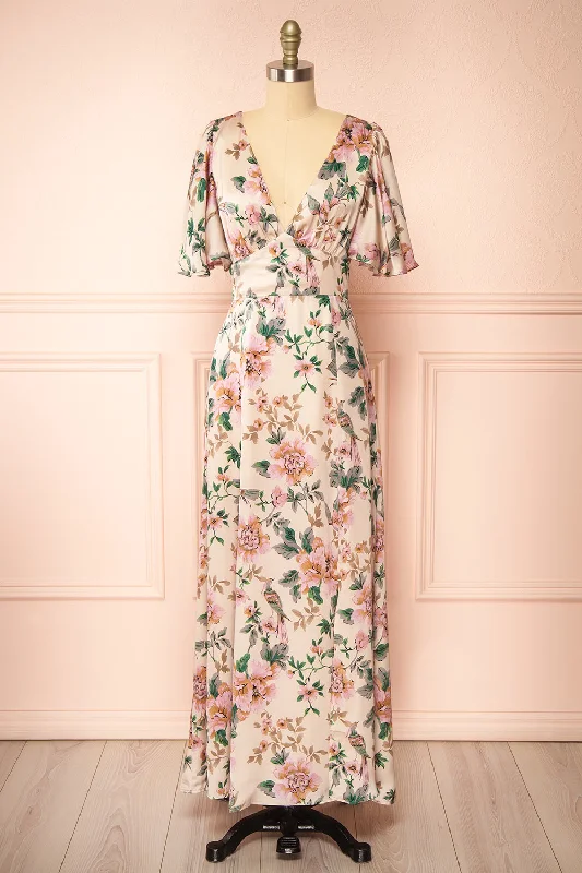 Morriven | Satin Maxi Dress w/ Floral Pattern