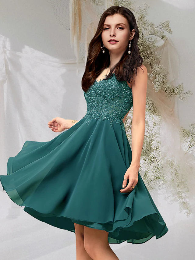 Cocktail Dresses Flirty Dress Homecoming Short  Mini Sleeveless V Neck Chiffon Backless with Beading Lace Insert