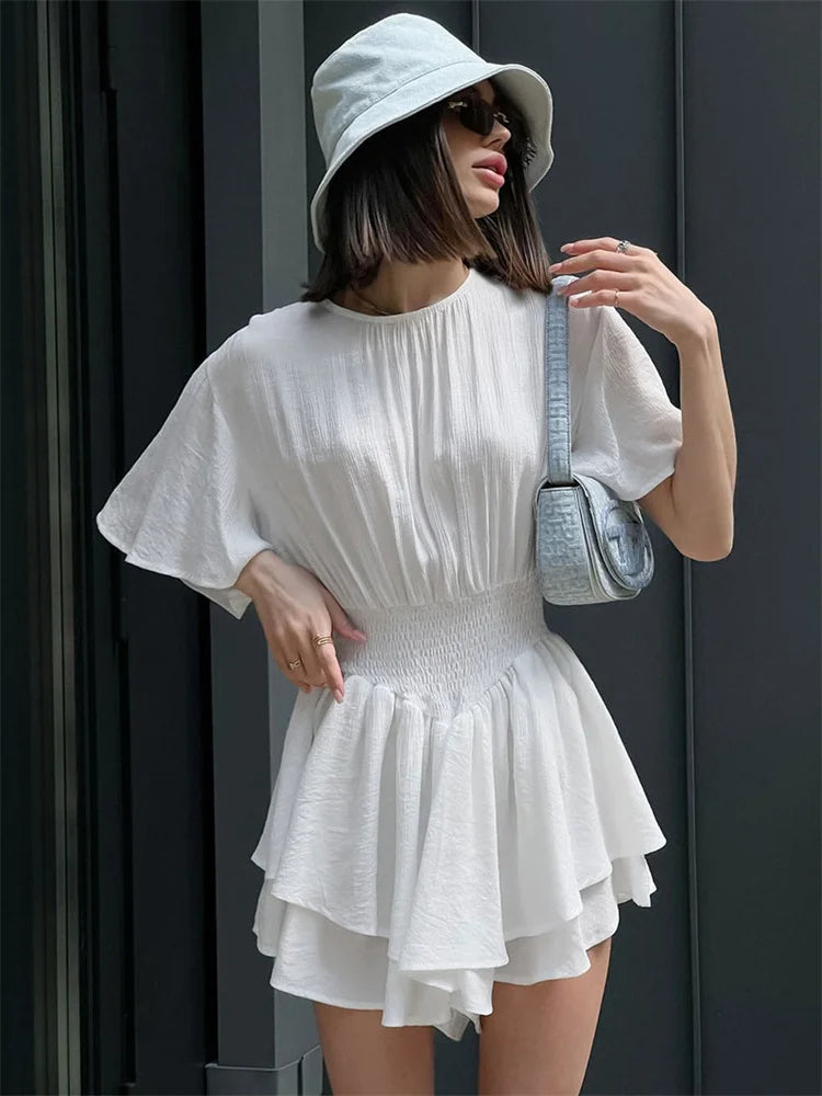 FashionSierra - Chiffon Ruffled Mini For Women Patchwork Solid Tiered Short Sleeve Summer Elegant Female Casual Dress