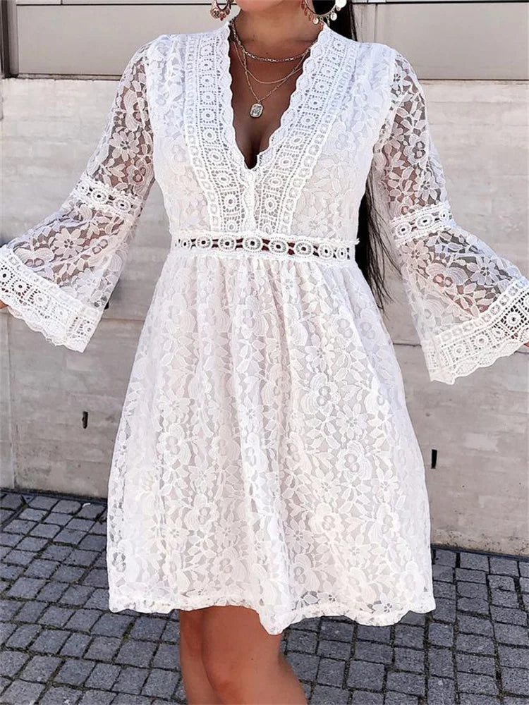 FashionSierra - Elegant Floral Lace Long Sleeve Mini Dress