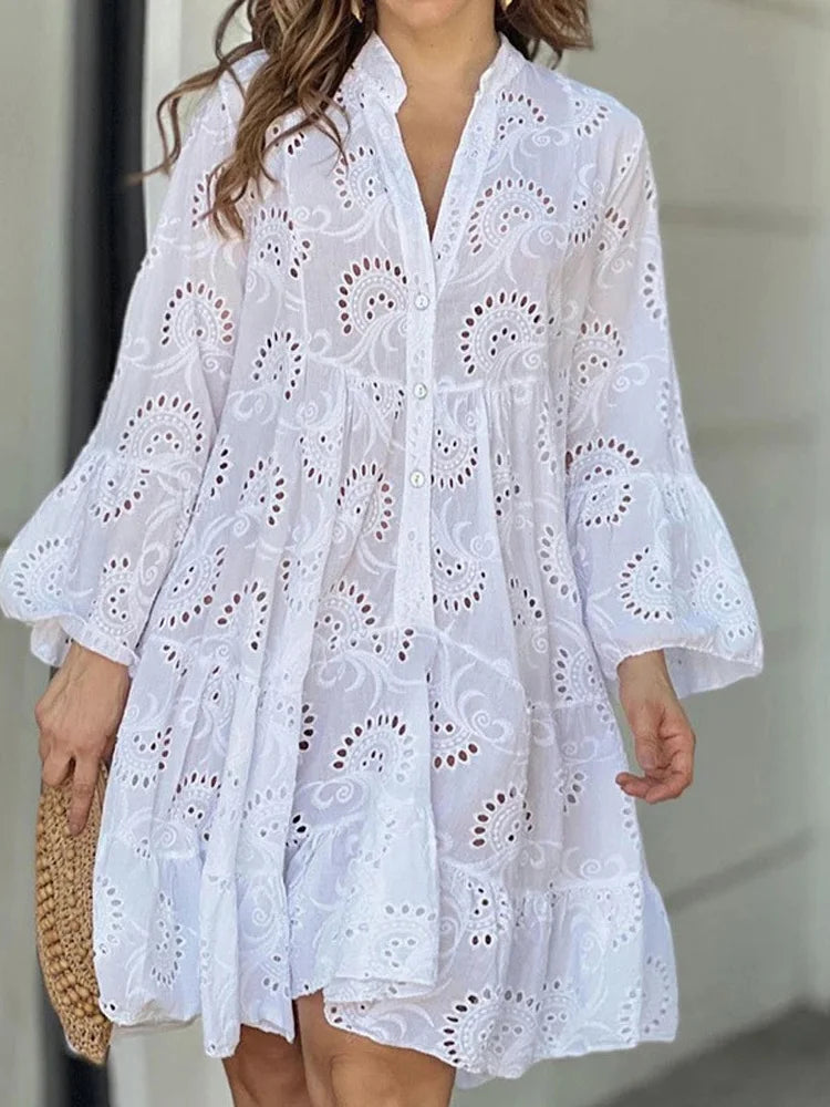 FashionSierra - Embroidery Lace Hollow Out Long Sleeve Mini Dress